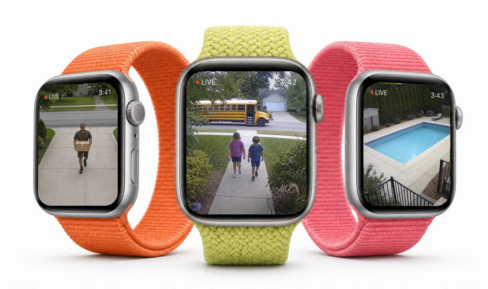 Three Apple Watches showing live Ring camera views — a delivery at the front door, kids heading to the school bus, and a backyard pool