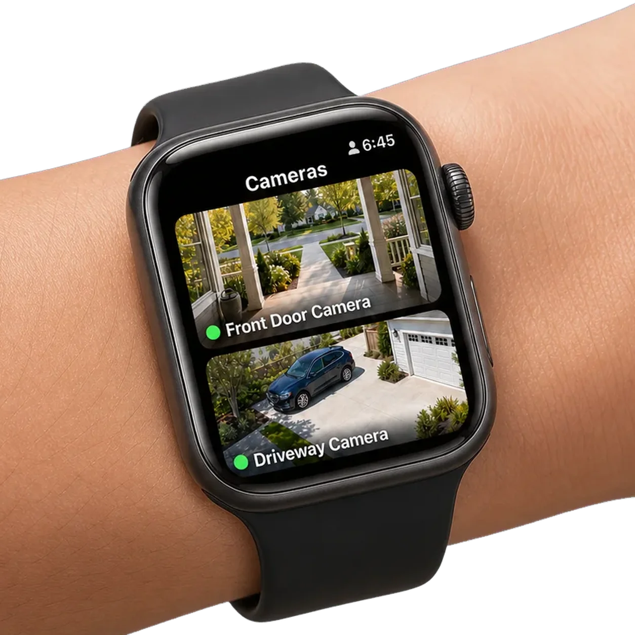 Apple Watch on a wrist showing the Cameras screen with Front Door and Driveway camera thumbnails