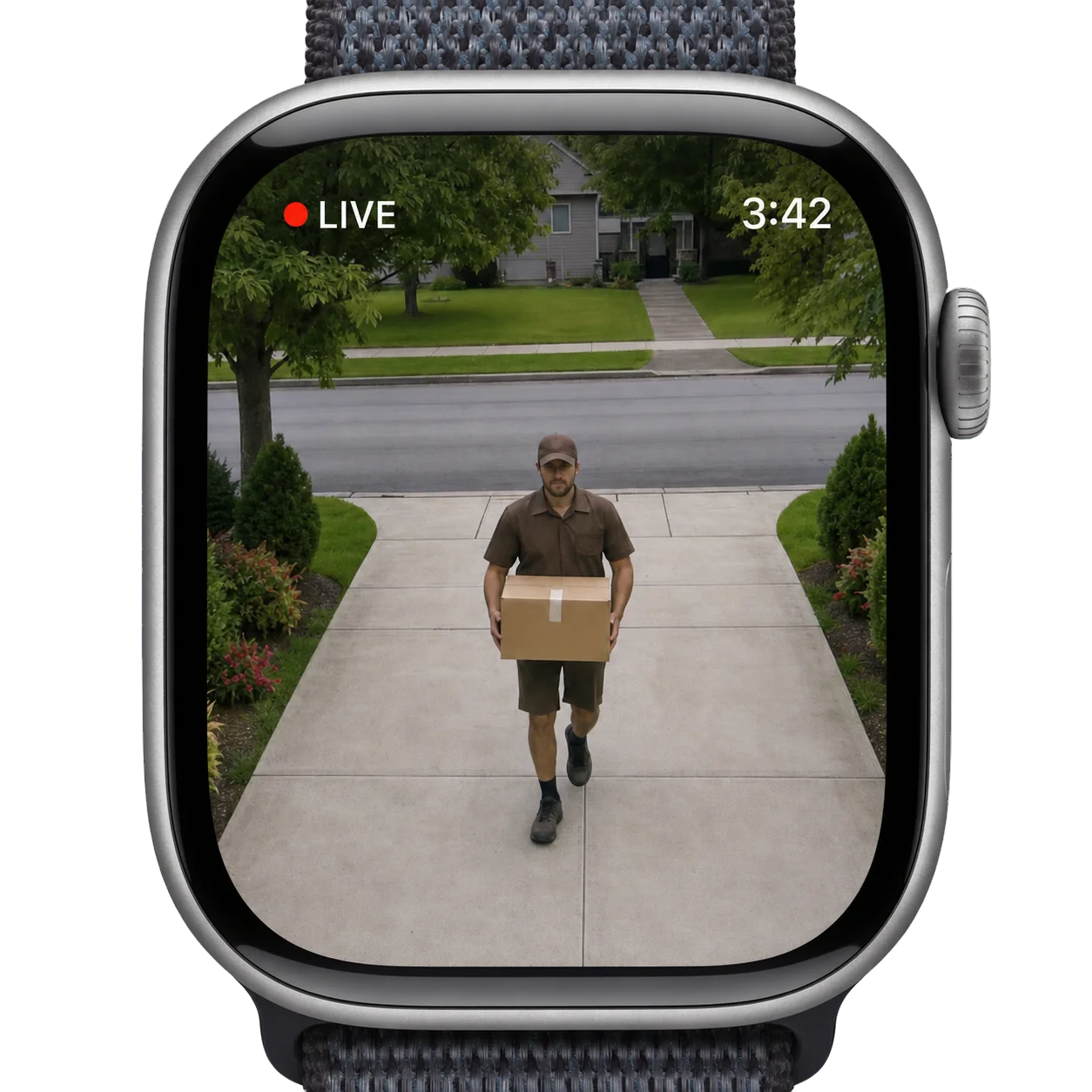 Apple Watch showing a live Ring camera view of a delivery driver walking up to the front door